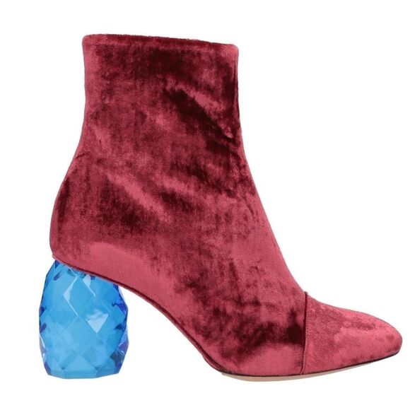 Dries Van Noten Shoes - Dries Van Noten Red Velvet Boots with Lucite Heel